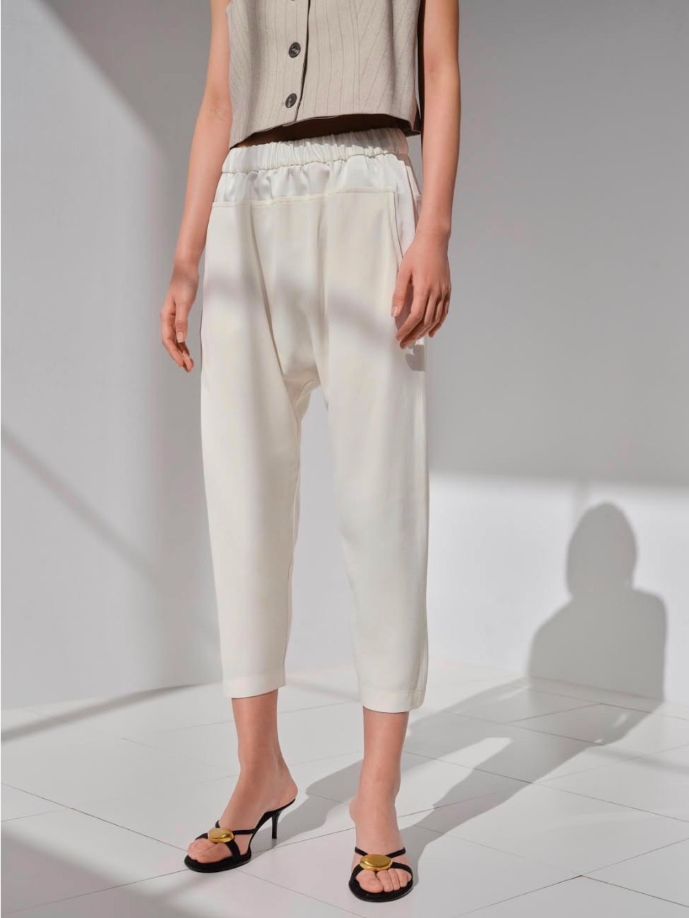 ✨Zara Low Waist Pants Off-White Elastic Waist Trousers Size L